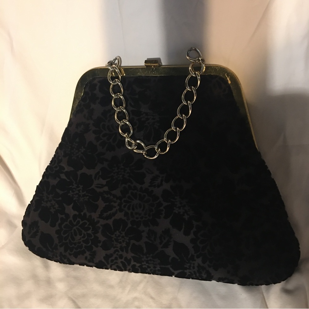 Meyers Black Cut Velvet Hand Bag with gold tone hardware Vintage 1960’s